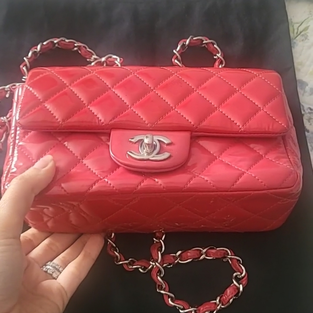 Chanel Red Quilted Shoulder Bag with Silver Chain